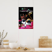POSTER CHAT AVEC CHAPEAU D'ARLEQUIN ET MASQUES DE BAL MAS (Cuisine)