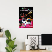 POSTER CHAT AVEC CHAPEAU D'ARLEQUIN ET MASQUES DE BAL MAS (Bureau à domicile)