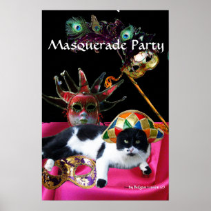 POSTER CHAT AVEC CHAPEAU D'ARLEQUIN ET MASQUES DE BAL MAS