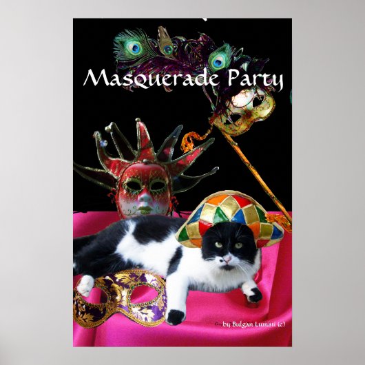 POSTER CHAT AVEC CHAPEAU D'ARLEQUIN ET MASQUES DE BAL MAS (Devant)