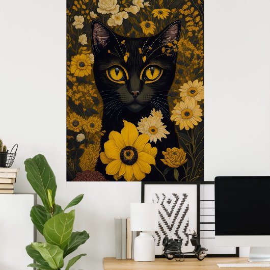 Poster Chat avec de grands yeux devant les fleurs (Bureau à domicile)