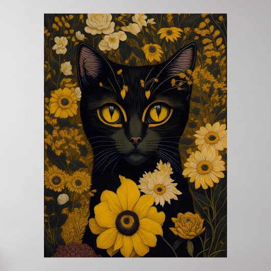 Poster Chat avec de grands yeux devant les fleurs (Devant)