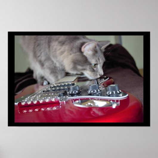 Poster Chat avec guitare électrique rouge (Devant)