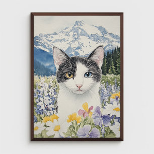 Poster Chat avec hétérochromie dans un champ de fleurs sa