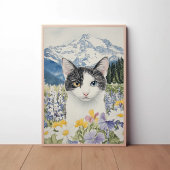 Poster Chat avec hétérochromie dans un champ de fleurs sa