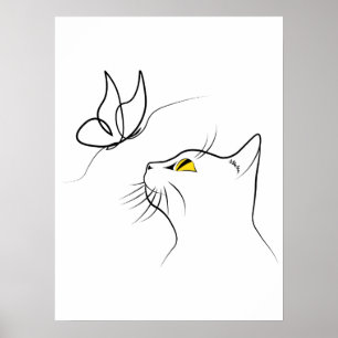 Poster Chat avec papillon Abstrait minimaliste Lineart