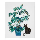 Poster Chat avec Plante Monstera Aquarelle (Devant)