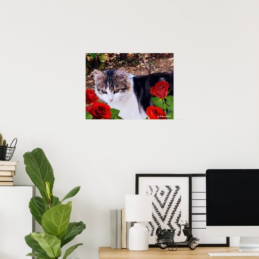 POSTER CHAT AVEC ROSES ROUGES (Bureau à domicile)