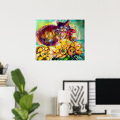 POSTER CHAT AVEC RUBAN ROUGE ET TOURNESOLS (Bureau à domicile)