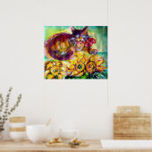 POSTER CHAT AVEC RUBAN ROUGE ET TOURNESOLS (Cuisine)