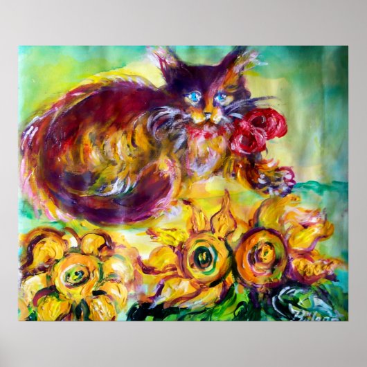 POSTER CHAT AVEC RUBAN ROUGE ET TOURNESOLS (Devant)