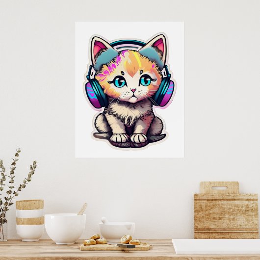 Poster Chat bébé mignon avec casque (Cuisine)