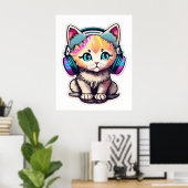 Poster Chat bébé mignon avec casque (Bureau à domicile)