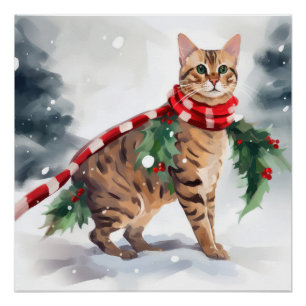 Poster Chat Bengal dans Noël enneigé