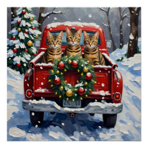Poster Chat Bengal Noël Camion Rouge Fêtes