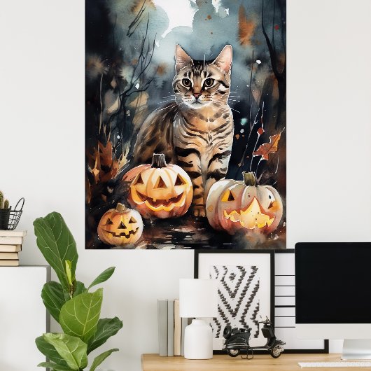 Poster Chat Bengale D'Halloween Avec Peur Citrouille (Bureau à domicile)