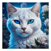 Poster Chat blanc aux yeux bleus brillants Floral (Devant)