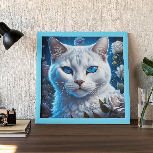 Poster Chat blanc aux yeux bleus brillants Floral