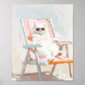 Poster Chat blanc avec chaise de plage et lunettes de sol (Devant)