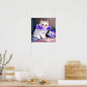 Poster Chat blanc avec collier de fleurs violettes (Cuisine)