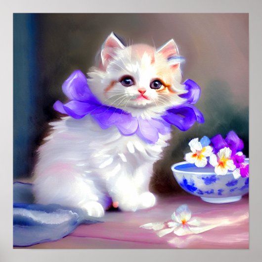 Poster Chat blanc avec collier de fleurs violettes (Devant)