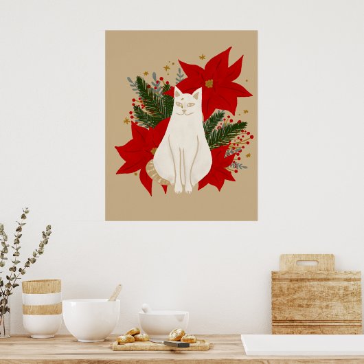 Poster Chat blanc avec feuillage de noël - classique (Cuisine)