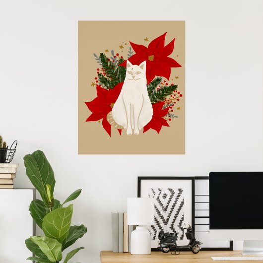 Poster Chat blanc avec feuillage de noël - classique (Bureau à domicile)