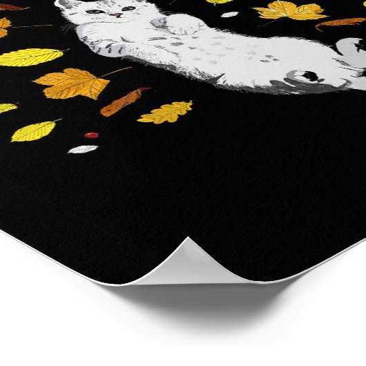 Poster Chat blanc avec illustration des feuilles de chute (Coin)