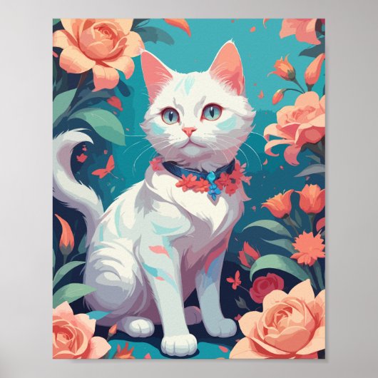 Poster Chat blanc avec roses roses (Devant)