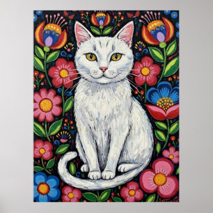 Poster Chat blanc dans des fleurs colorées d'art populair