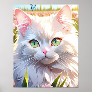 Poster Chat blanc dans le champ de fleurs IA Art
