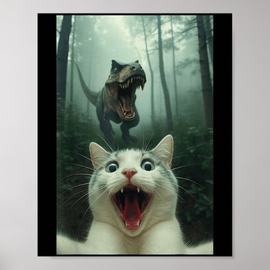 Poster Chat blanc drôle selfie avec T-rex dinosaure, chat (Devant)