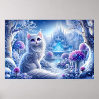 Poster Chat blanc élégant dans un royaume magique neigeux