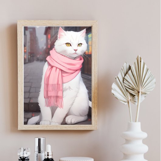 Poster Chat blanc en tenue rose automne hiver Manga Wall