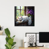Poster Chat blanc endormi et fleurs violettes (Bureau à domicile)