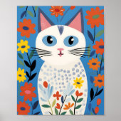 Poster Chat blanc Fleurs colorées Arrière - plan bleu (Devant)