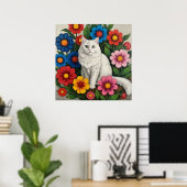 Poster Chat Blanc Fluffy et Fleurs d'Art Populaire (Bureau à domicile)