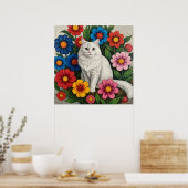 Poster Chat Blanc Fluffy et Fleurs d'Art Populaire (Cuisine)
