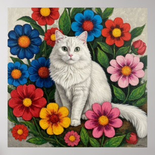 Poster Chat Blanc Fluffy et Fleurs d'Art Populaire