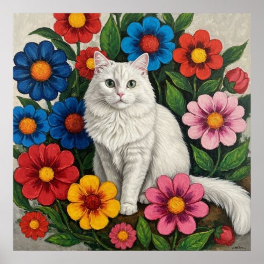 Poster Chat Blanc Fluffy et Fleurs d'Art Populaire (Devant)