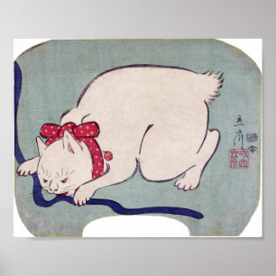 Poster Chat Blanc Jouant Avec Une Chaîne, Hiroshige