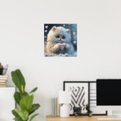 Poster Chat blanc mignon tenant coeur art personnalisé (Bureau à domicile)