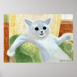 Poster Chat blanc se relaxant sur le canapé, Louis Wain
