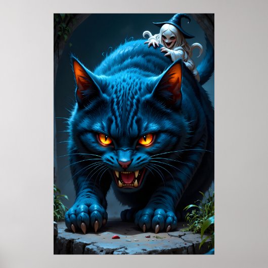 Poster Chat bleu énorme avec une sorcière méchante dans u (Devant)