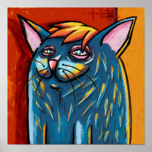 Poster Chat bleu heureux mignon au pastel à l'huile numér