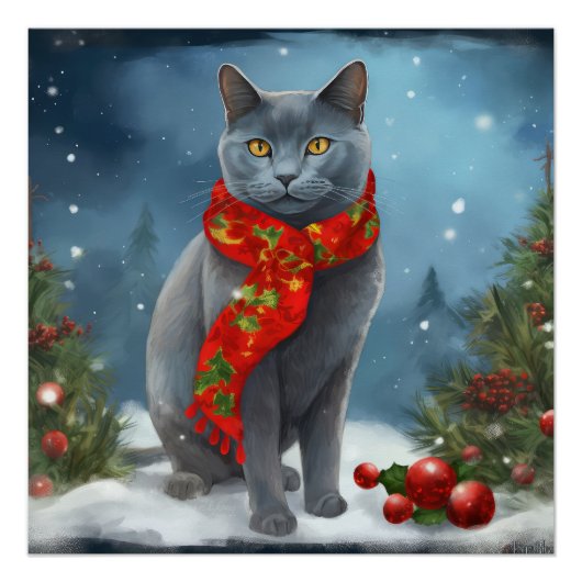 Poster Chat bleu russe à Noël sous la neige (Devant)