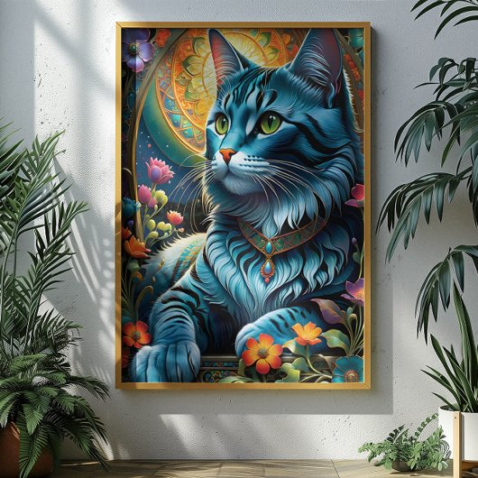 Poster Chat bleu Whimsical et oasis florale