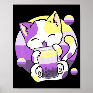 Poster Chat Boba Tea Buble Tea Anime Kawaii Neko Kids Gir