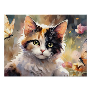Poster Chat calico et papillons dans un jardin printanier