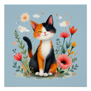 Poster Chat calicot souriant dans un jardin fleuri